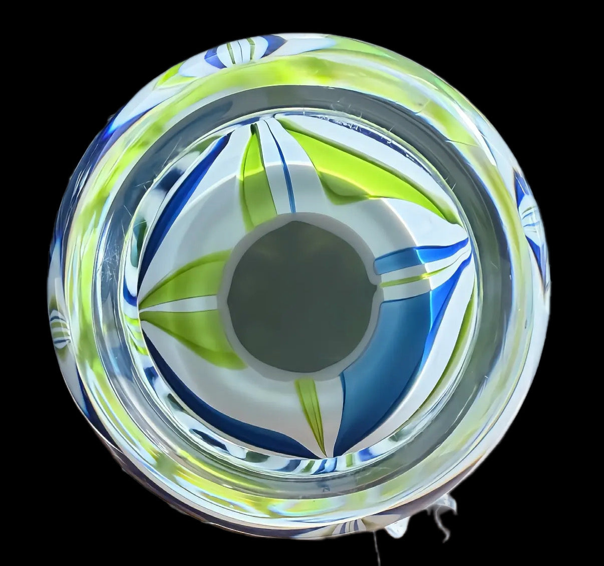 1971 Saint Louis Marbrie in green, blue and white. Neat design execution and condition is excellent, faint basal rim only.&nbsp; &nbsp;SL date cane in center ofd complex cane-SL 1971, base is polished concave. 3"