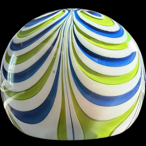1971 Saint Louis Marbrie in green, blue and white. Neat design execution and condition is excellent, faint basal rim only.&nbsp; &nbsp;SL date cane in center ofd complex cane-SL 1971, base is polished concave. 3"