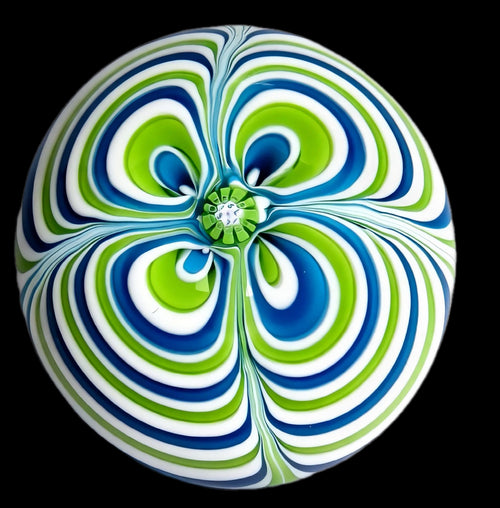 1971 Saint Louis Marbrie in green, blue and white. Neat design execution and condition is excellent, faint basal rim only. SL date cane in center ofd complex cane-SL 1971, base is polished concave. 3"