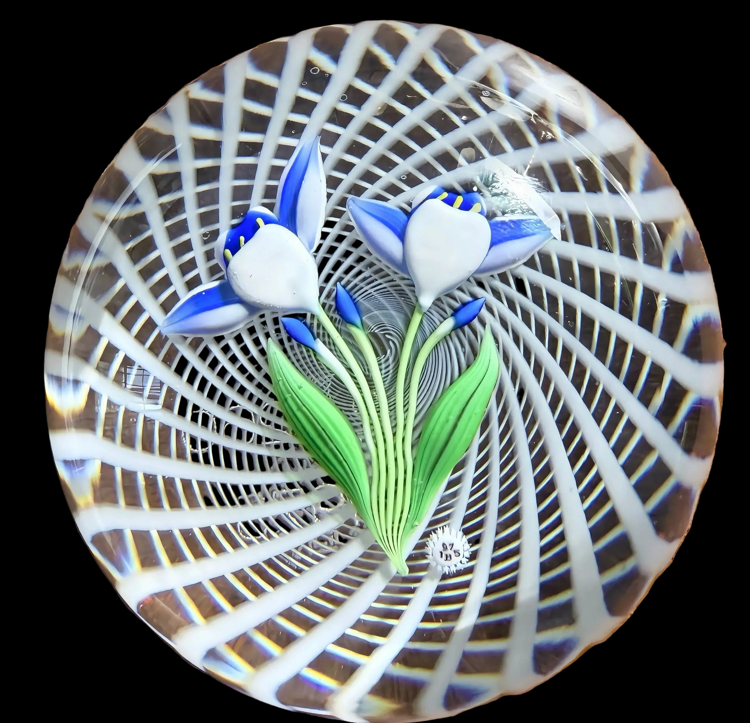 1975 Baccarat paperweight depicting 2 happy blue ands white cornflowers with 3 flower buds on green stems.&nbsp; &nbsp;The flowers sit atop a wide-weaved latticinio basket. B date cane 1975 at stem base and Baccarat stamp with edition number on base. 2/260. 3.12"