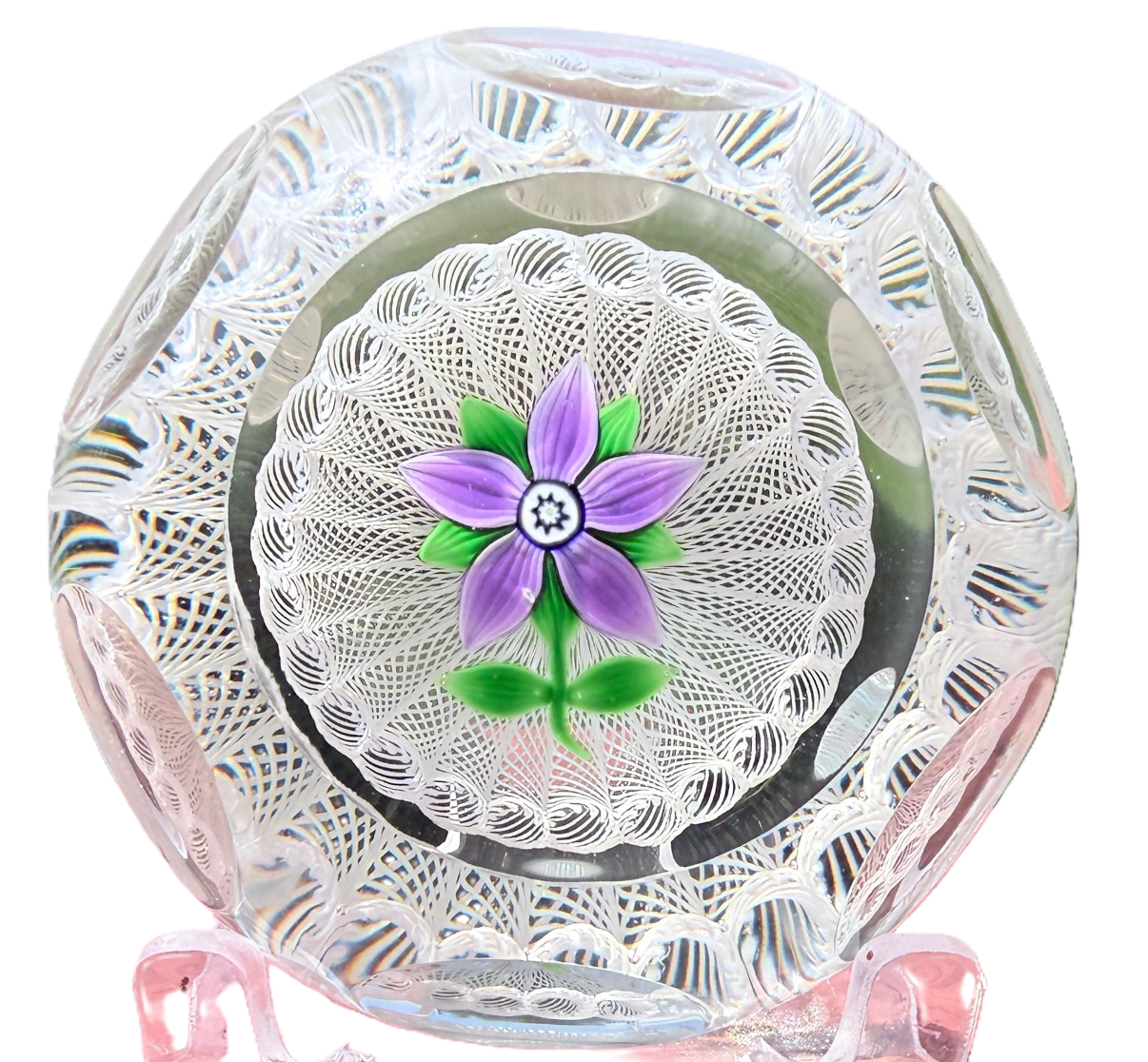  Top facet with 6 medium round facets and 12 small round facets make for a fun and unique design. A beautiful version made of a style made popular by Peter's mentor and longtime friend, Paul Ysart. PH signature cane viewed from the base, scratch signed and dated on side of base. 2.75"