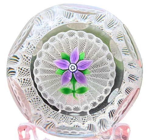  Top facet with 6 medium round facets and 12 small round facets make for a fun and unique design. A beautiful version made of a style made popular by Peter's mentor and longtime friend, Paul Ysart. PH signature cane viewed from the base, scratch signed and dated on side of base. 2.75"