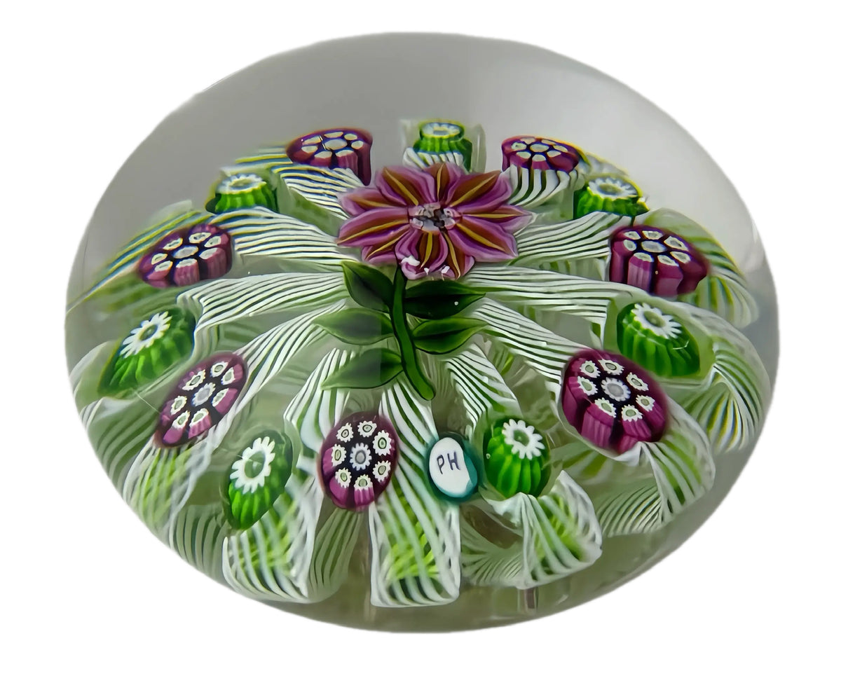 Peter Holmes Pink Double Clematis on pulled green latticinio cane basket
