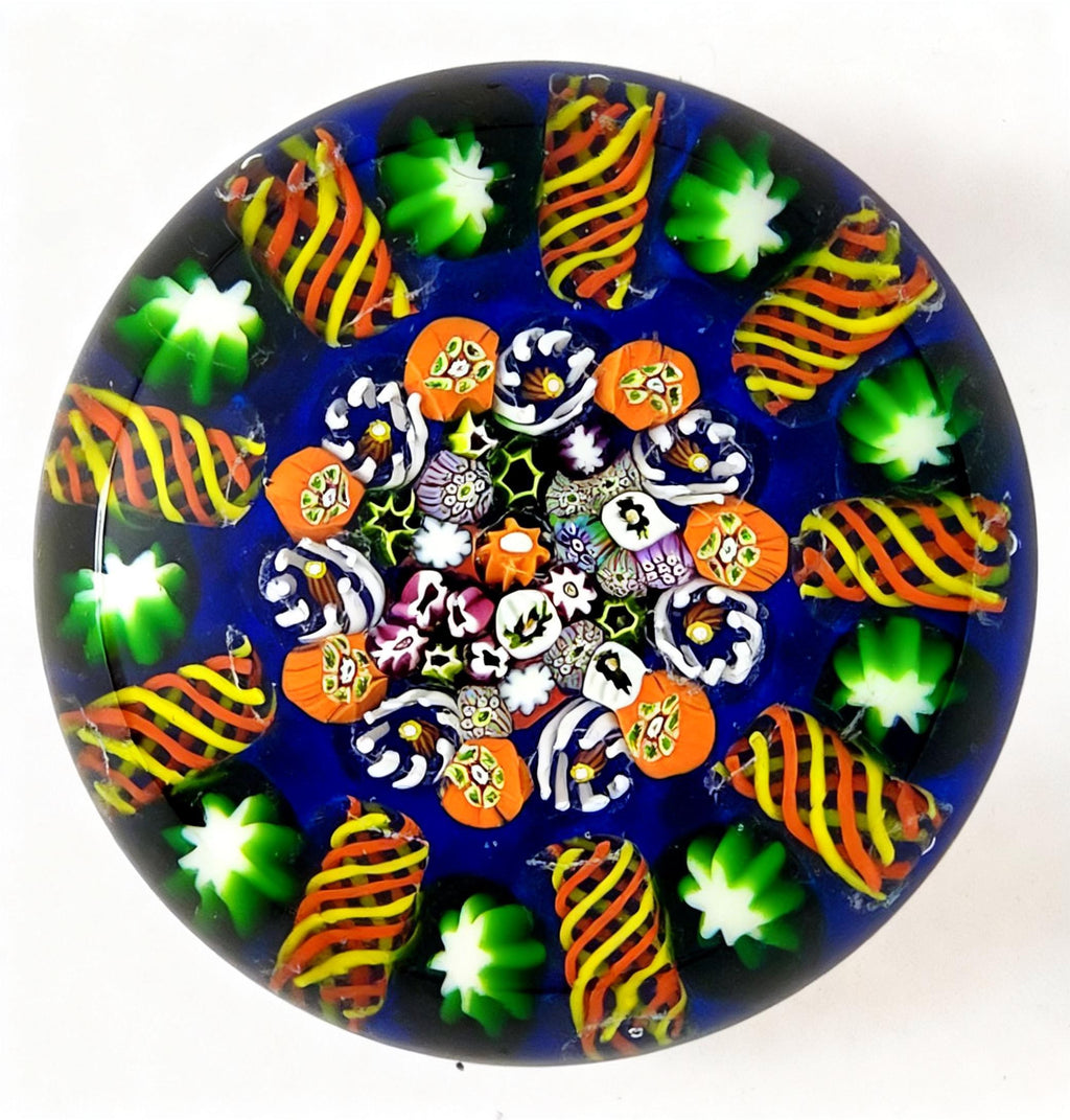 Paul Ysart Scrambled Millefiori Paperweight on Cobalt Blue