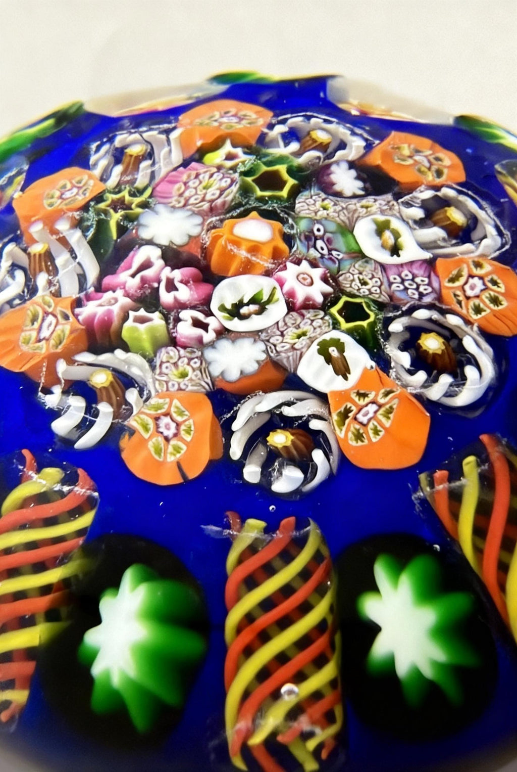 Paul Ysart Scrambled Millefiori Paperweight on Cobalt Blue
