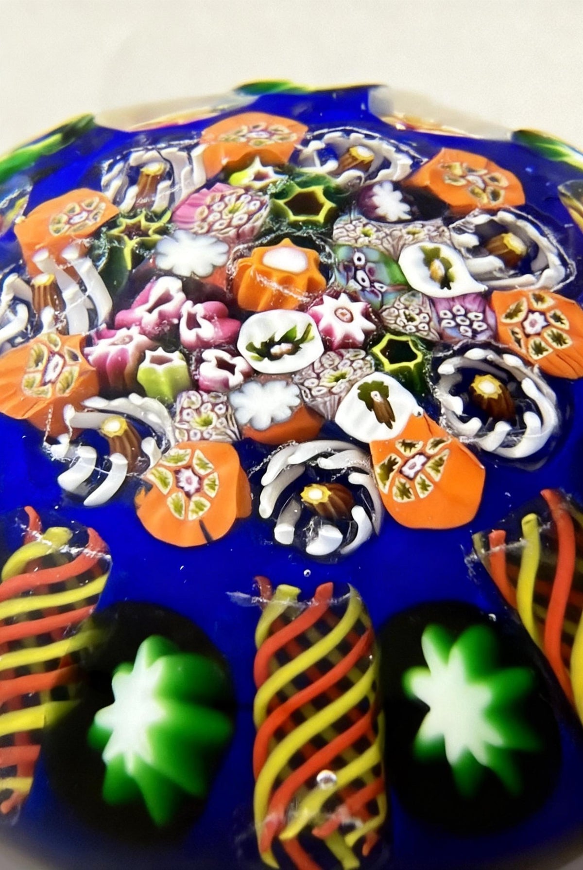 Paul Ysart Scrambled Millefiori Paperweight on Cobalt Blue