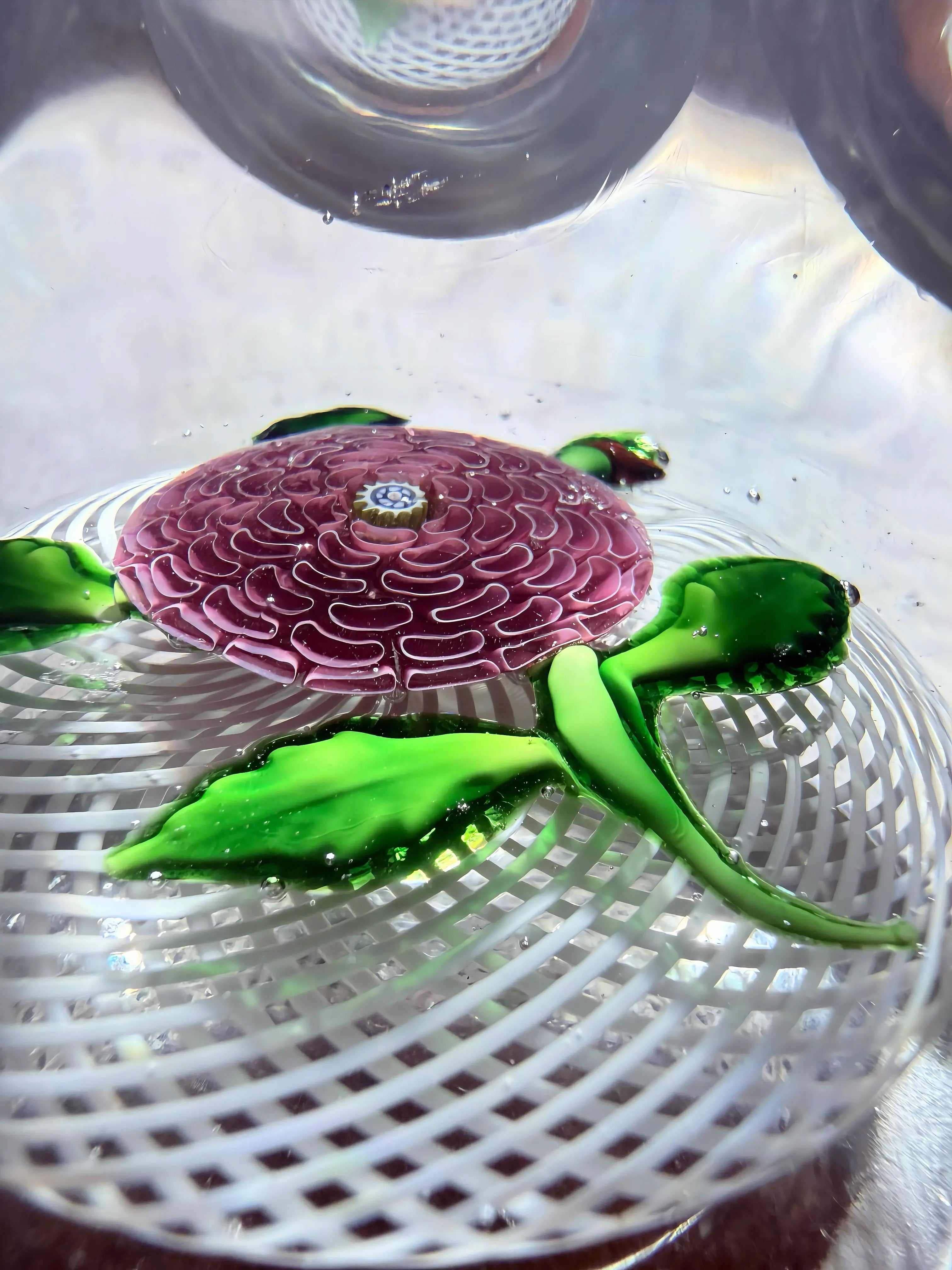 Wonderful mid-1800's faceted lampwork pink pompon with rows of C shaped petals atop a swirled latticinio basket, 4 leaves, curved stem and a red bud complete this 6 side faceted beauty. Top is domed, polished concave base. normal wear-basal ring around base, otherwise in excellent condition. Rare 3" large size!