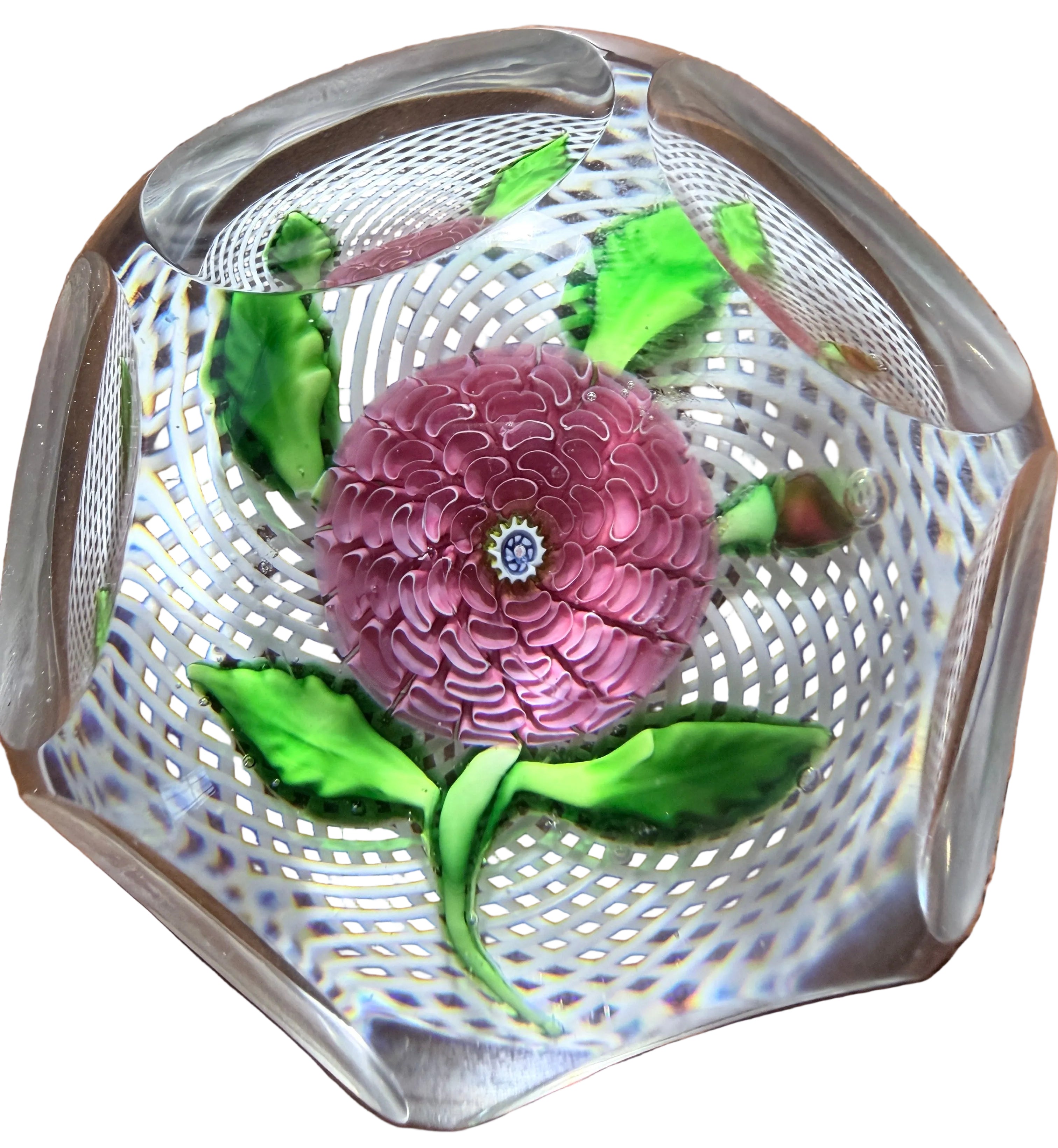 Wonderful mid-1800's faceted lampwork pink pompon with rows of C shaped petals atop a swirled latticinio basket, 4 leaves, curved stem and a red bud complete this 6 side faceted beauty. Top is domed, polished concave base. normal wear-basal ring around base, otherwise in excellent condition. 3"