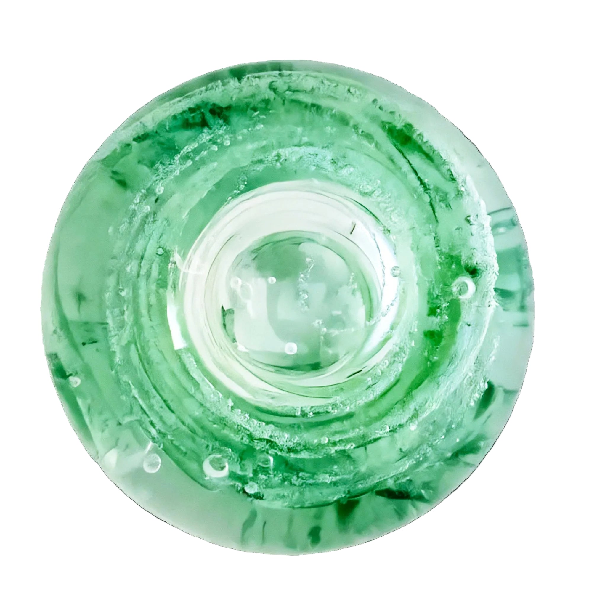 Made by Peter Holmes in 2025, Cosmic Dust has swirls of cosmic dust wrapping around a rising bubble. UV/sunlight reactant. Cosmic Dust is an unlimited edition piece at Holmes Glass. 3.7"