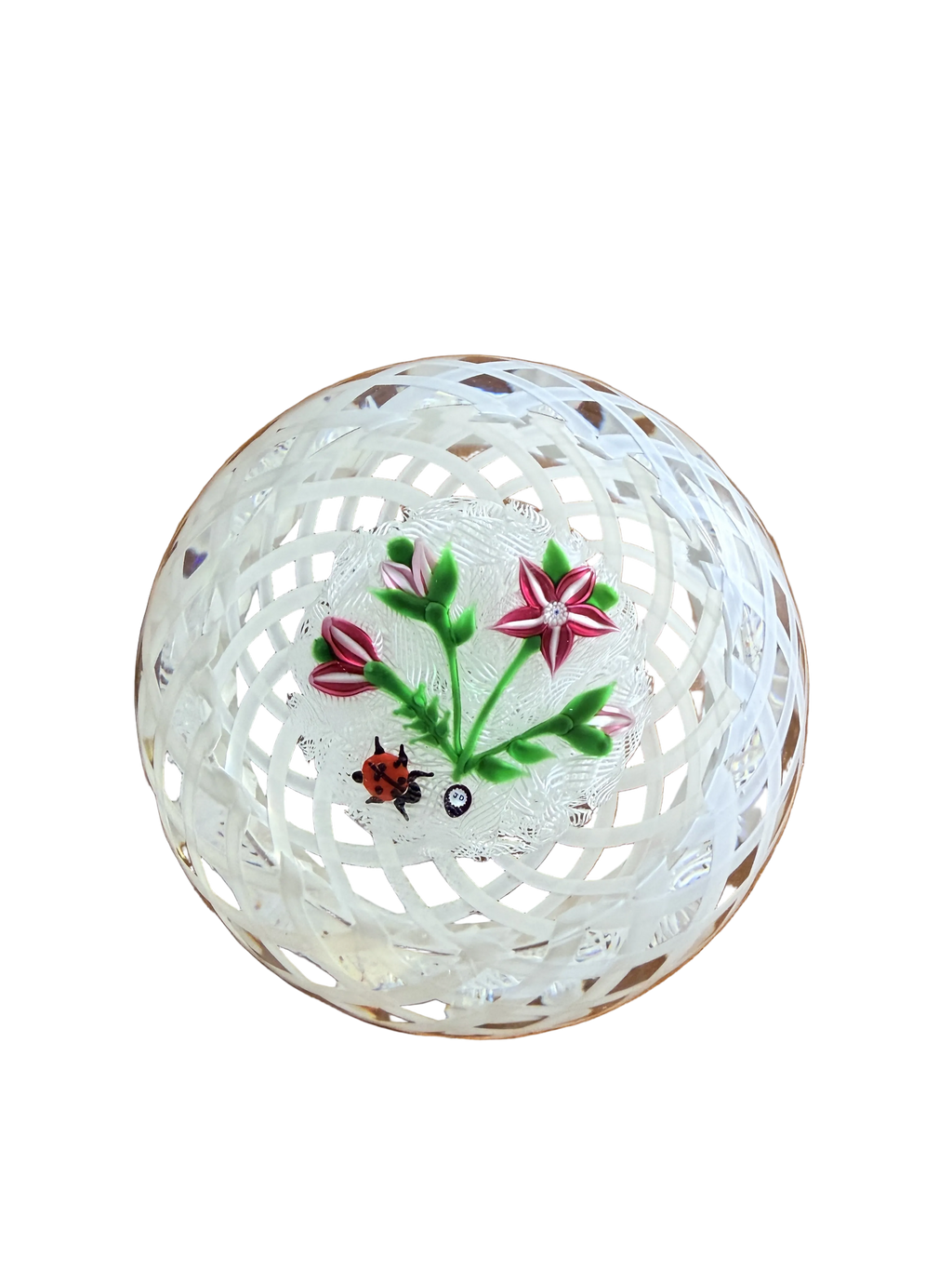 John Deacons Red Flower and Buds on upset muslin with ladybird (ladybug) and lattice work overlay. 3”