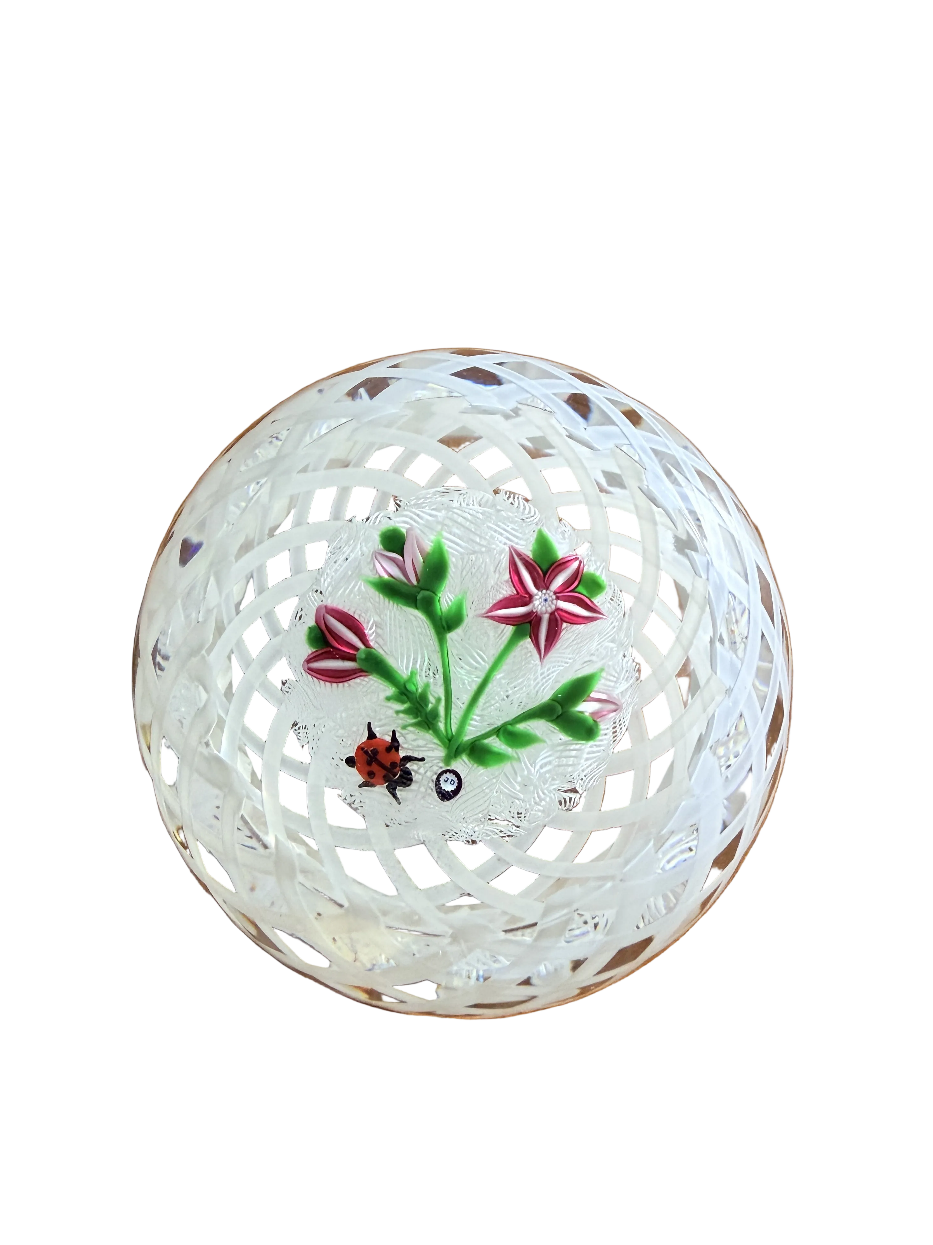 John Deacons Red Flower and Buds on upset muslin with ladybird (ladybug) and lattice work overlay. 3”