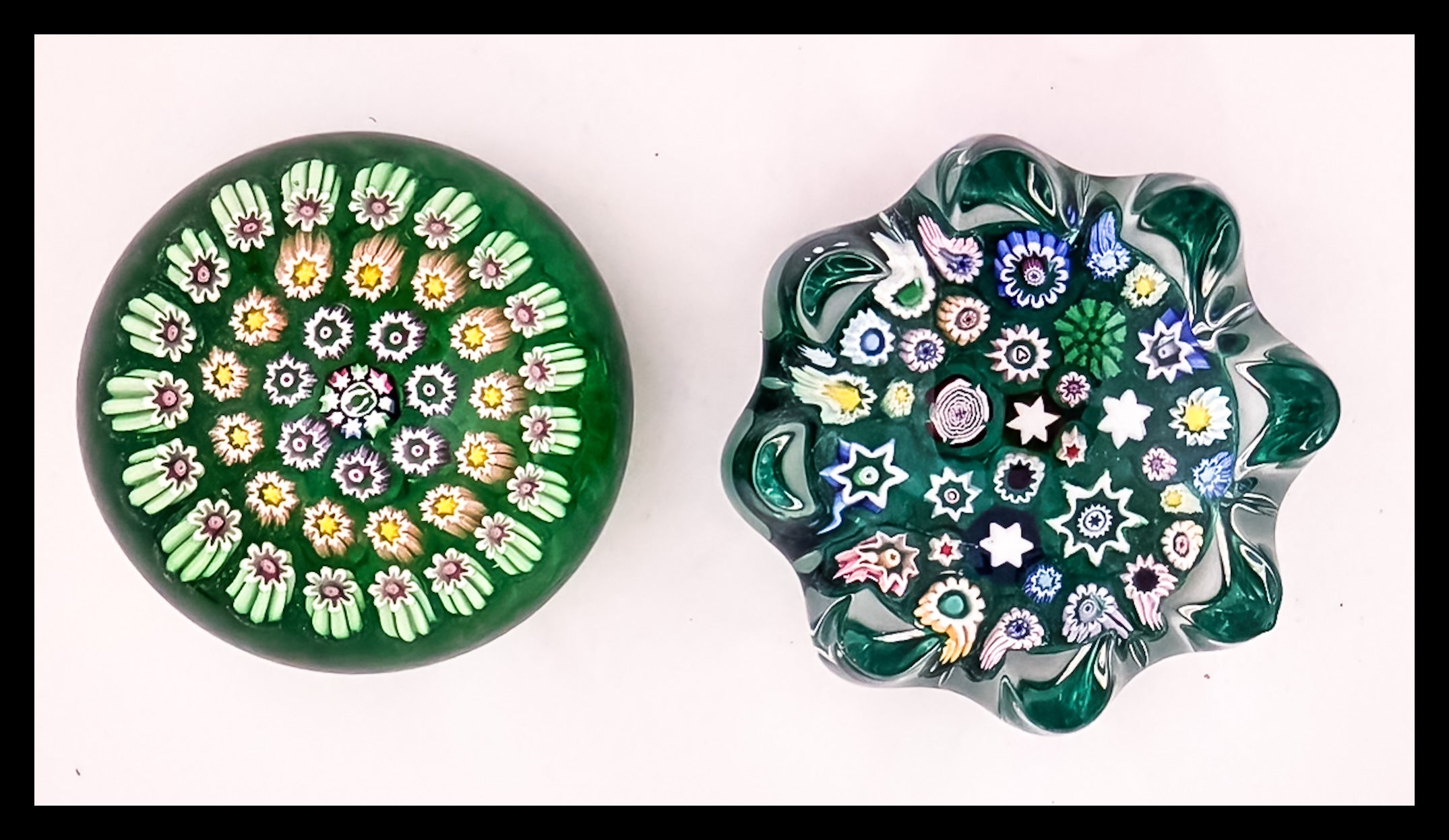 John Deacons Pair of Green Ground Paperweights