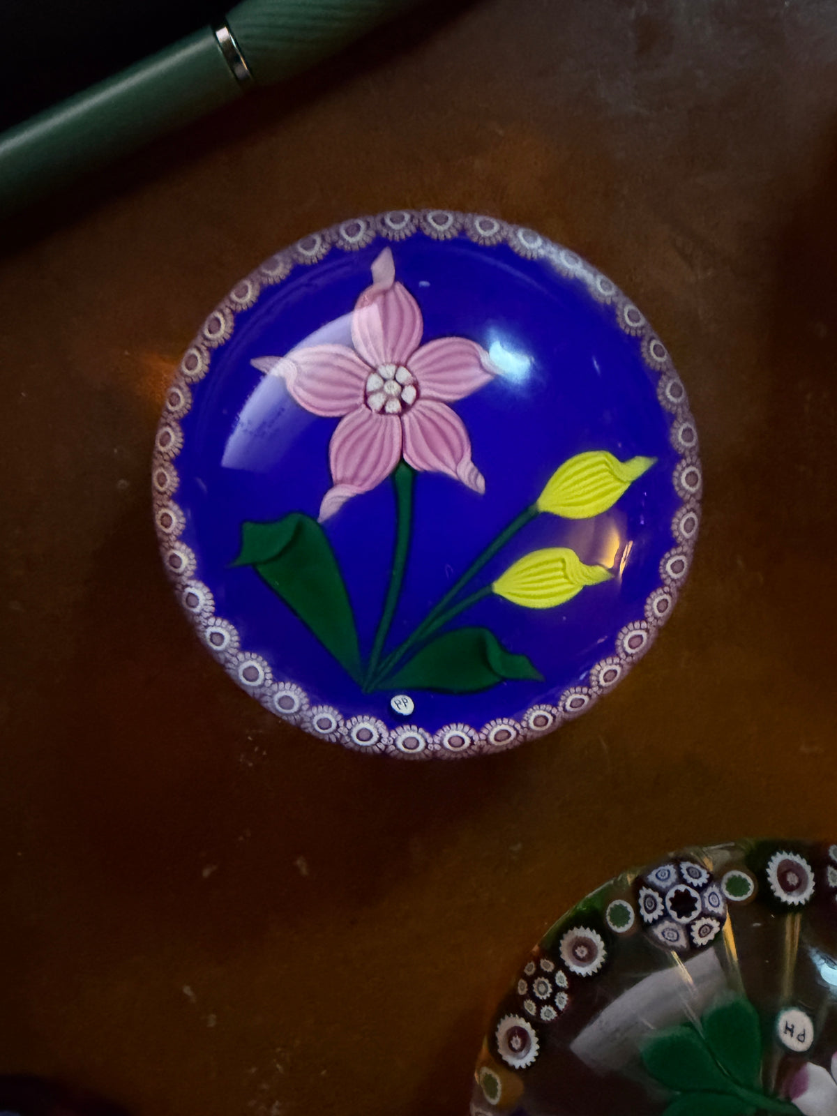 2002 Phoenix Paperweights Pink Flower on Blue Ground