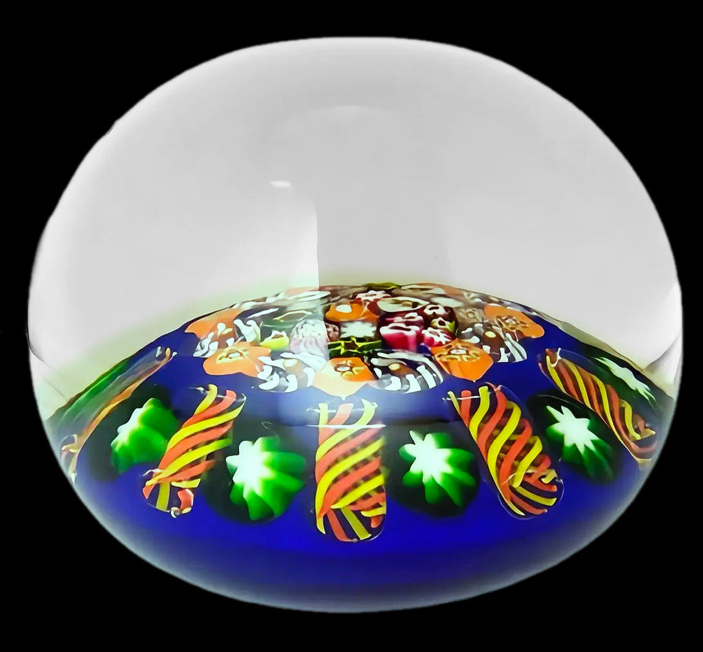 Paul Ysart Scrambled Millefiori Paperweight on Cobalt Blue