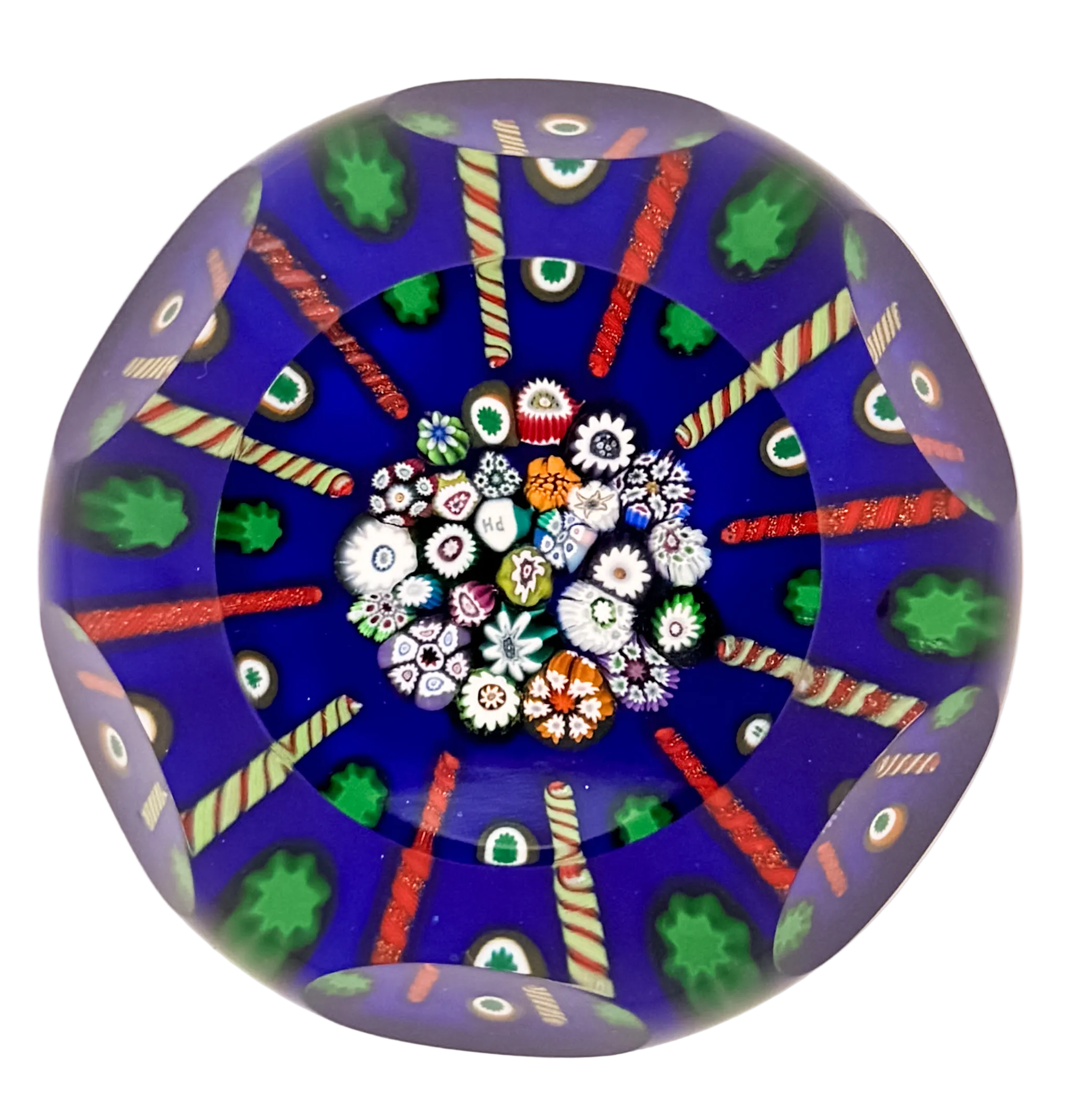 2024, Segmented Spoke Millefiori on Blue Ground by Peter Holmes.
