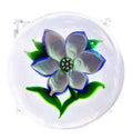 1979 John Deacons/J Glass Baccarat Style white anemone wuith blue tipped petals, 4 leaves on hardy green stem, polished hollow ground base. Center complex cane of stars, Cupped and ridged petals in the Classic Baccarat Style signature/date cane in base-J 1979. 2 1/8"