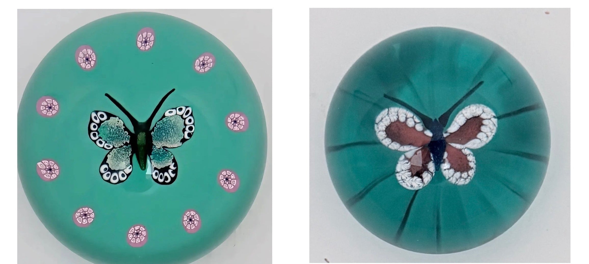 A 2002 William Manson Snr. 1/1 aventurine butterfly on a nice opaque teal ground surrounded by a cane garland. 2.7". Scratch signed on base.



A 2025 William Manson aventurine butterfly on translucent teal ground. 2". Scratch signed on starcut base.

$300 = 2 weights!
