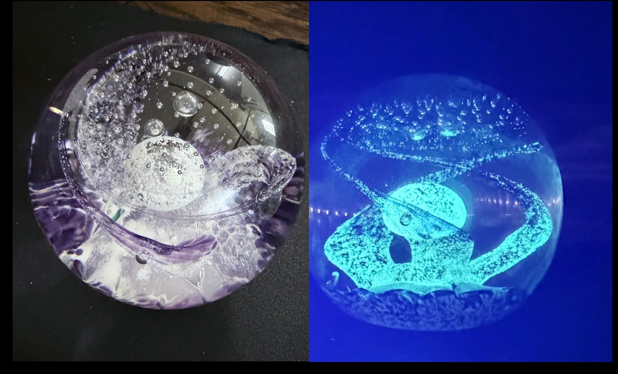 Made by Peter Holmes in 2025 at Holmes Glass, is this number 2 in an edition of 5 by the name of Purple Whisp, delicate wisps encircle its treasure. This weight glows in the dark just by being exposed to sunlight as well as UV light.&nbsp;