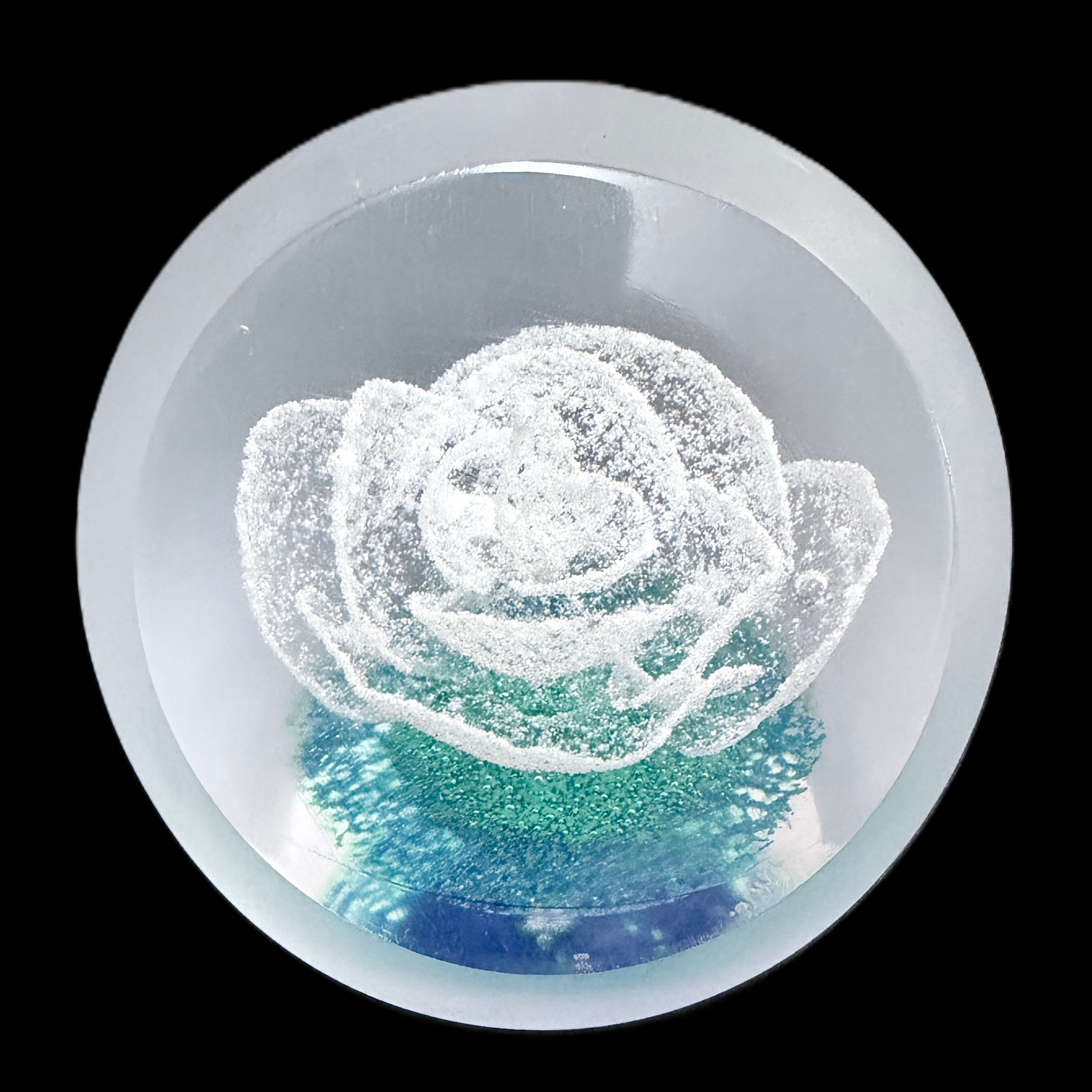 Made by Peter Holmes in 2025, Holmes glass is Ice Flower number two in an edition of five. Ice crystals form the shape of a rose, like a flower. This piece will glow in the dark after exposure to sunlight or UV light. PH signature cane scratch signed on the base.&nbsp;