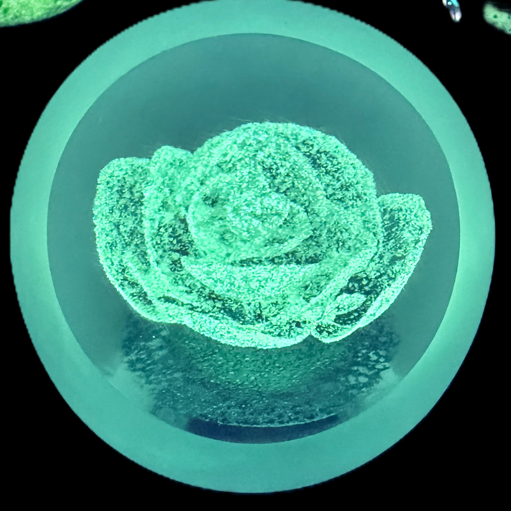 Made by Peter Holmes in 2025, Holmes glass is Ice Flower number two in an edition of five. Ice crystals form the shape of a rose, like a flower. This piece will glow in the dark after exposure to sunlight or UV light. PH signature cane scratch signed on the base.&nbsp;