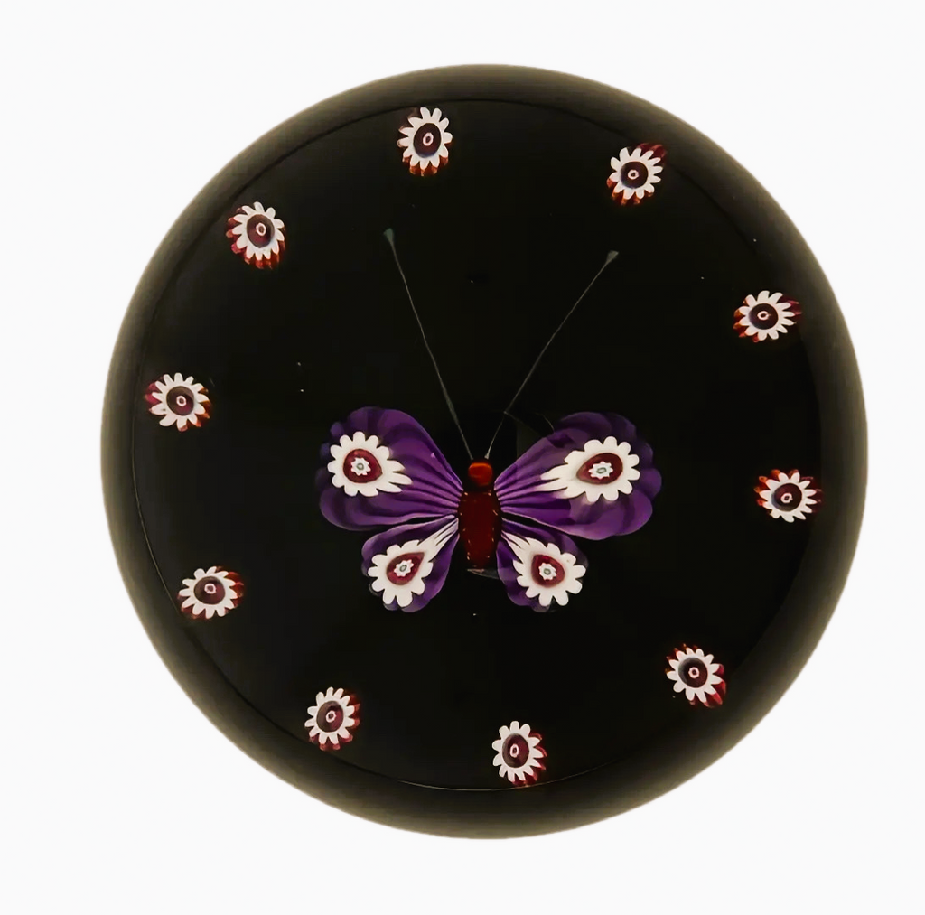 Made by Peter Holmes in 1985 is this purple and white millefiori butterfly atop an&nbsp; opaque black ground. a spaced cane garland with canes identicile to those used for the wings extends around the outer perimeter of the weight.&nbsp; 3" 198/250