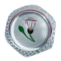 1983 Saint Louis Faceted Trumpet Flower-white tubular flower with red rim, dark green stem a closed bud atop a double latticinio basket, 6 large side facets and one large facet on top for viewing, SL date cane in the base. Very faint basal ring. Excellent condition. 3"