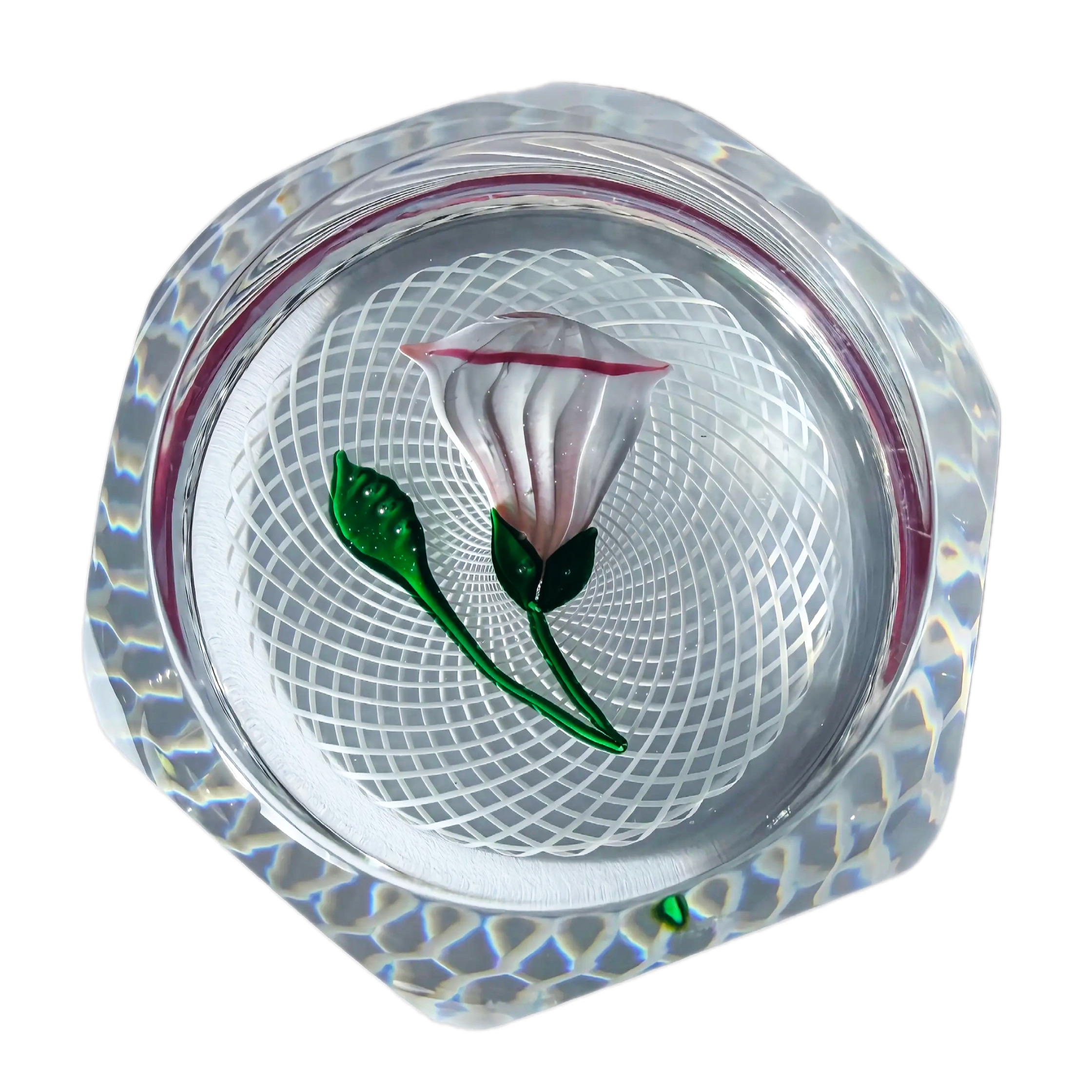 1983 Saint Louis Faceted Trumpet Flower-white tubular flower with red rim, dark green stem a closed bud atop a double latticinio basket, 6 large side facets and one large facet on top for viewing, SL date cane in the base. Very faint basal ring. Excellent condition. 3"
