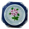 2000 John Deacons Encased Double Overlay-a breathtaking paperweight. A pink and white striped double clematis with stardust center cane sits atop a latticinio crown which is then encased in clear glass and dipped into two different shades of blue. The side facets are cut in an alternating pattern of circles and snowflakes?, which is a unique shape when it comes to this craft.&nbsp; This is a centerpiece for any Scottish Paperweight collector. 3"